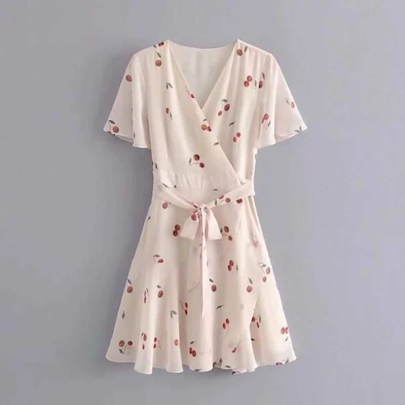 

Summer Women Dress French Retro Cherry Print Deep V-Neck Ruffle Short-Sleeved Dress