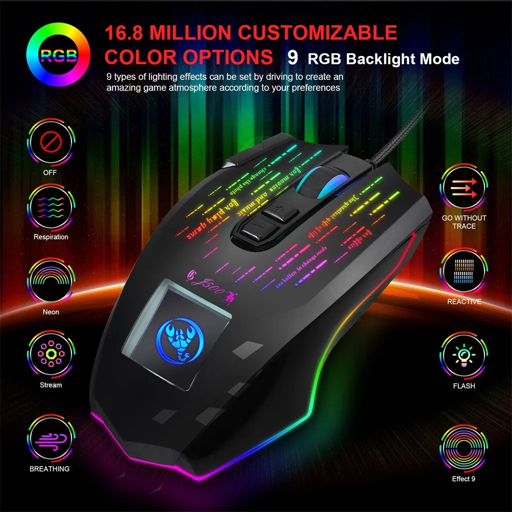 J500 Мышь с сенсорный экран дисплей 6400 Точек на дюйм RGB Подсветка геймер игровой
