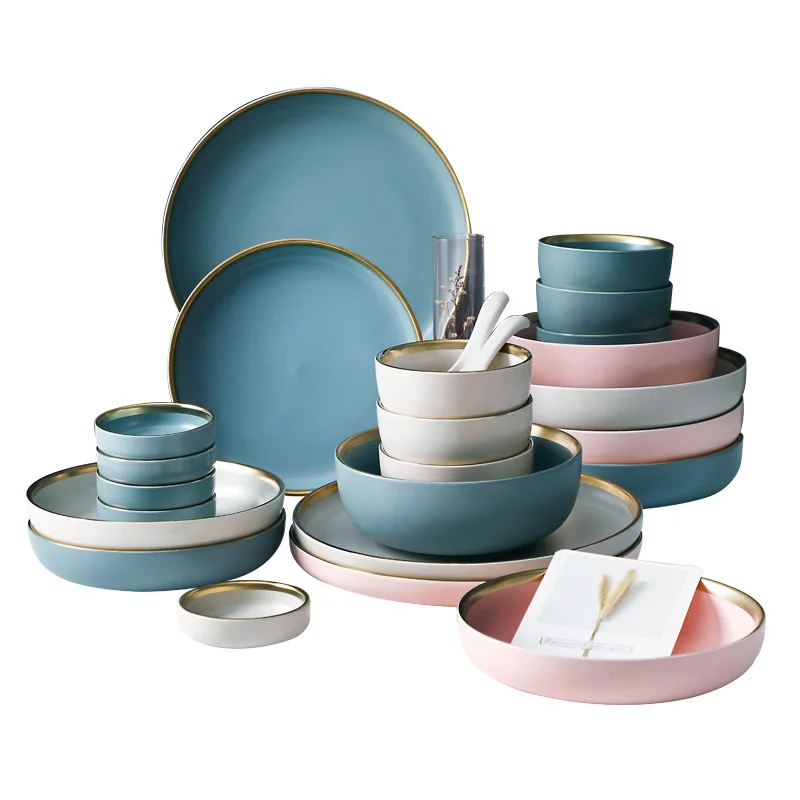 

Matte Gold Inlay Ceramic Dinner plates Food Plate Steak Accent Plate Ceramic Bowl Spoon Saucer Dish Tableware Set Dropshipping