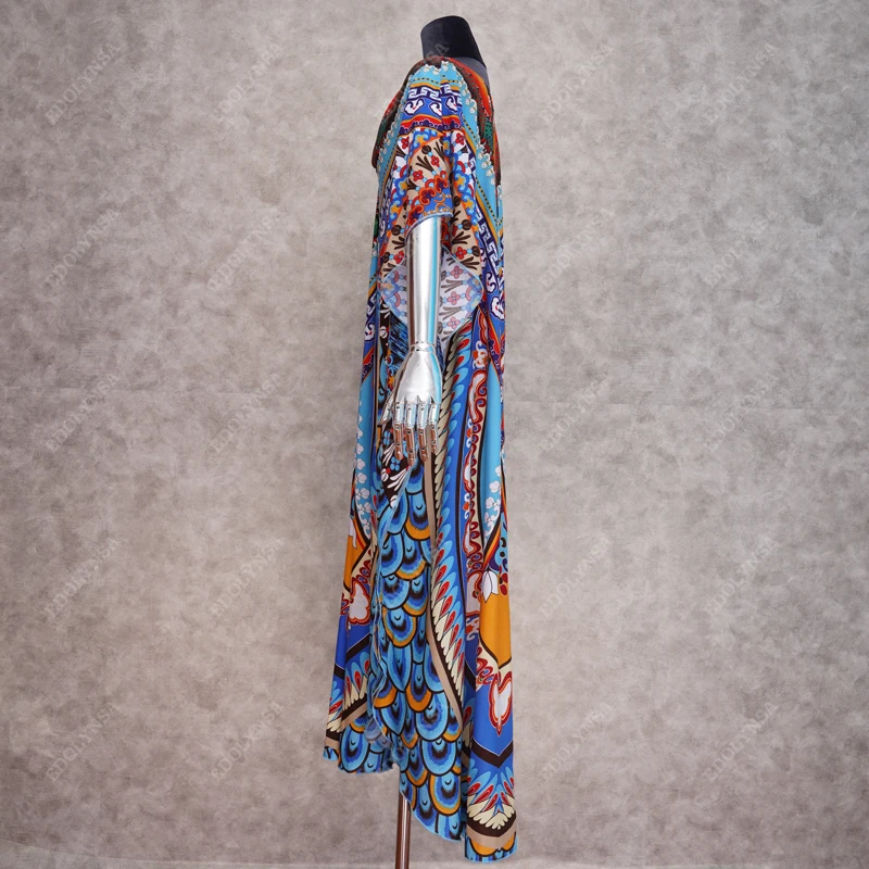 Женское Хлопковое платье туника синее пляжное кафтан с V образным вырезом и