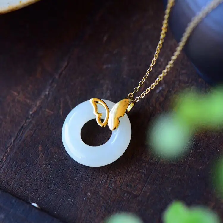 

Natural Hetian Jade Butterfly Peace Buckle Pendant Jade Pendant Peace Buckle Women's White Jade to Give Mom jade jewelry