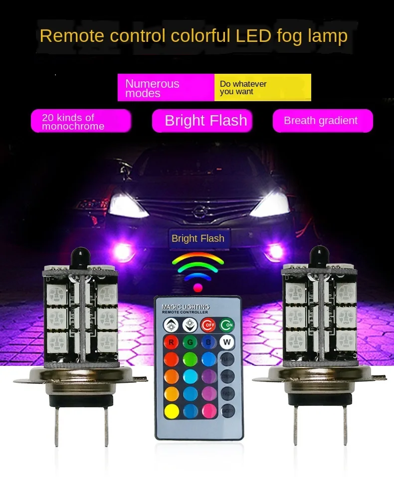 2pcs H1 H3 H4 9005 9006 H11 H7 RGB LED Auto Car Headlight 5050 LED 27SMD Strobe Led Fog Light Head Lamp Bulb With Remote Control