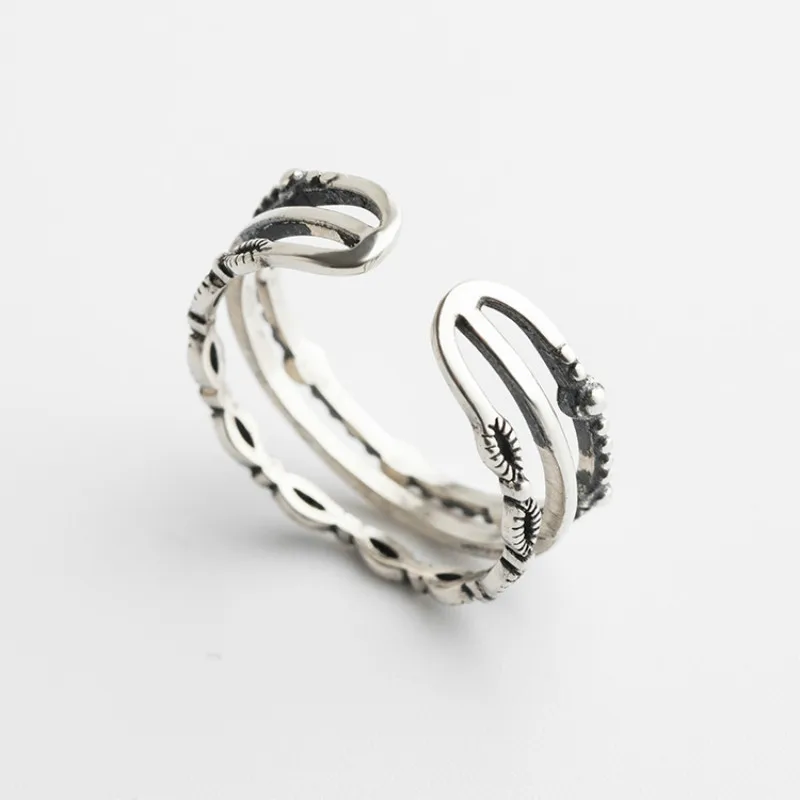 925 пробы Серебряное многослойное Ретро Открытое кольцо для женщин старинное
