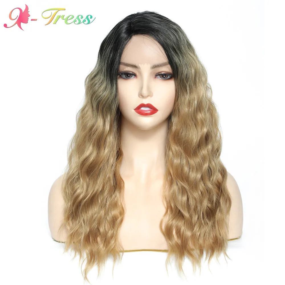 

Ombre Blonde Natural Wave Wig X-TRESS Side Part 22 inch Long Wavy Synthetic Lace Wigs for Women Heat Resistant Fiber Cosplay Wig