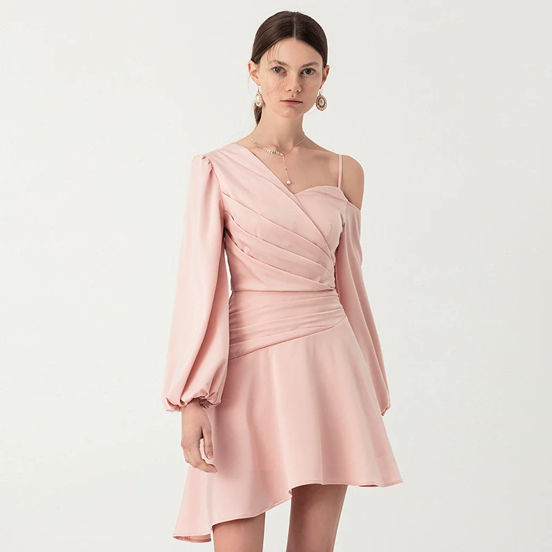 YIGELILA New Arrivals Fashion Women Pink Short Dress Solid Spaghetti Strap V-neck Dress Lantern Sleeves Empire Slim Dress 65520