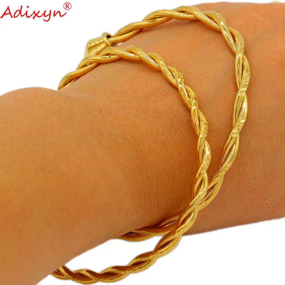 Adixyn 2pcs/lots African Twisted Bangle Gold Color Copper Kuwait Jewelry Dubai Luxury Jewelry for MUM Lovers Gifts N102614