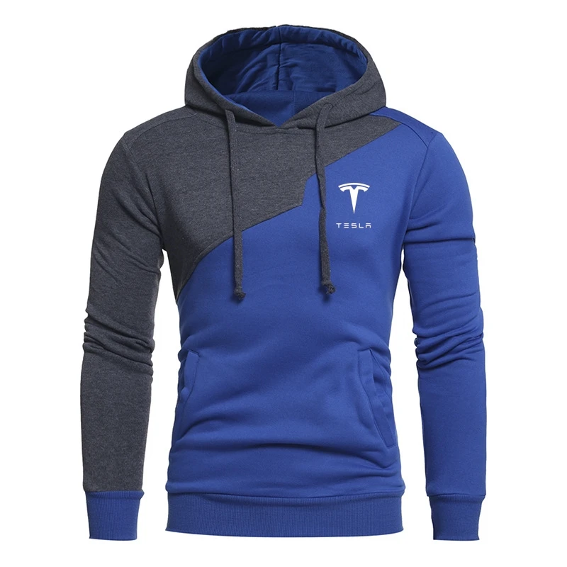 

2021 Tesla Fashion Men's Color Block Patchwork Hooded Long Sleeve Pullover Hoodie Sweatshirt Autumn and Winter Men's Clothing
