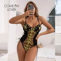 comeonlover embroidery floral bodysuit for women 5xl sexy lace overalls bandage stitching jumpsuit hollow out body mujer ri81026