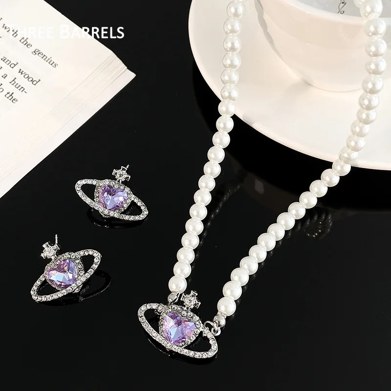 

Purple Heart Planet Pearl Choker Necklace for Women Girl Aesthetic Korean Fashion Crystal Saturn Pendant Neck Chain Collar Gift