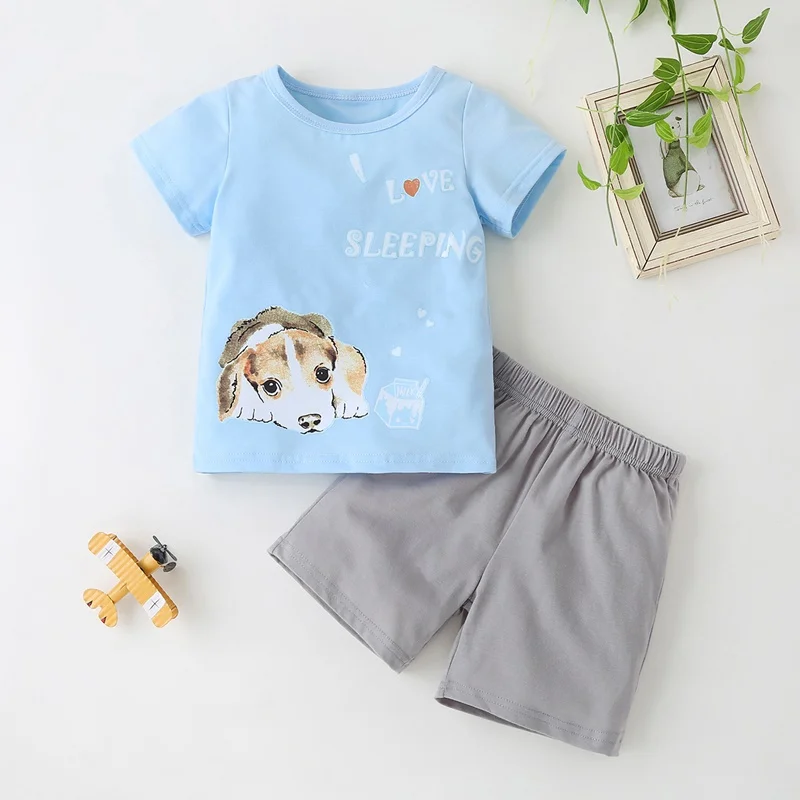 

Summer Toddler Boy Clothes 2pcs Set Letter Animal Dog Short Sleeve T-shirt Tops+short Pants Cool Sport Casual Baby Clothes 1-6Y