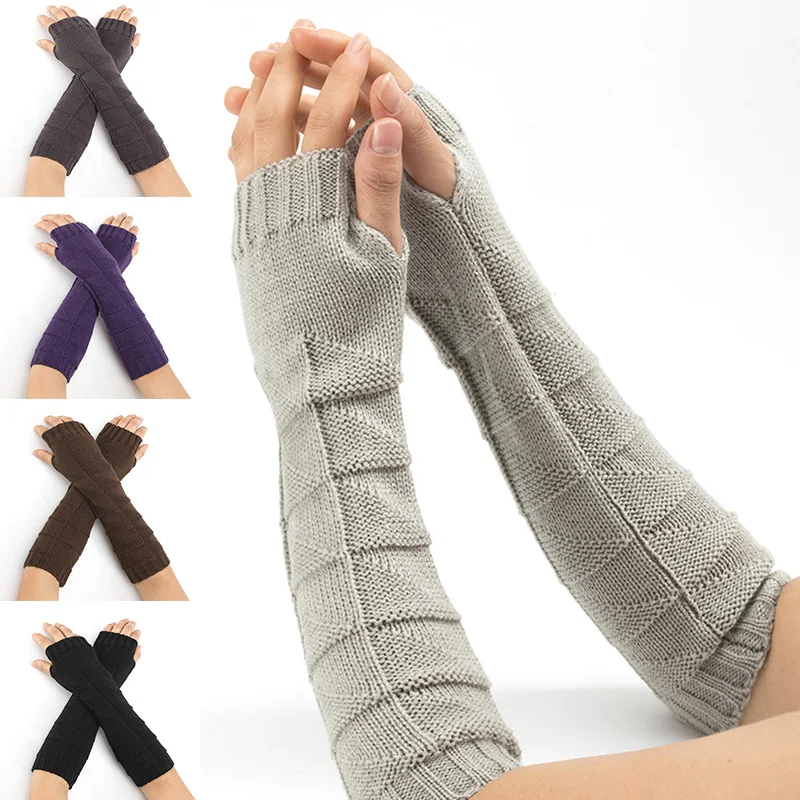 

HOT Long Section 32cm Autumn Winter Ladies Wool Knitting Rhombic Fingerless Sleeve Women Half Finger Warm Exposed Fingers Gloves