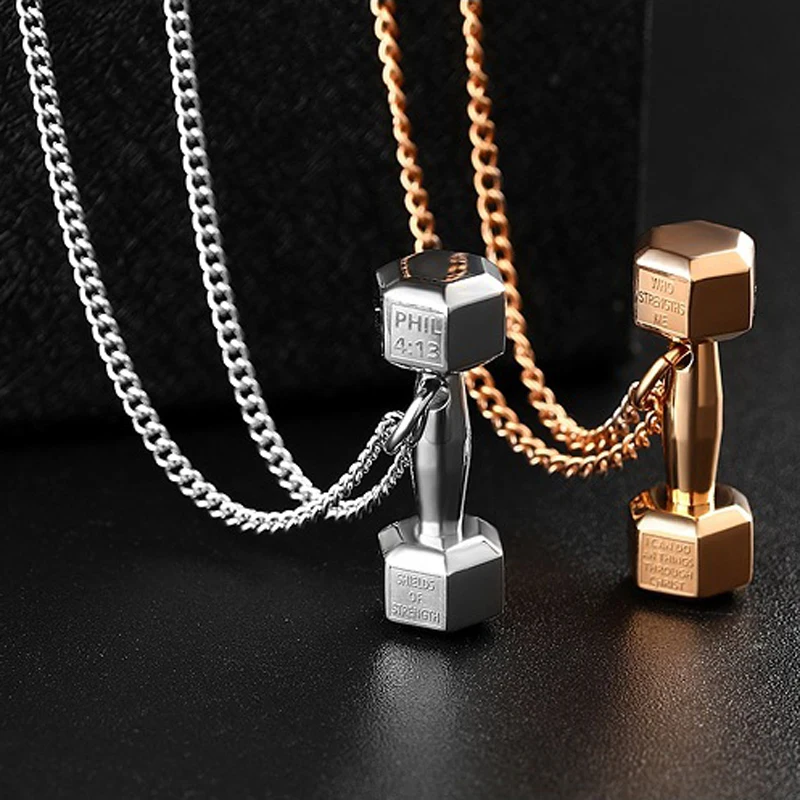 New Gym Dumbbell Pendant Necklace Gold Silver Color Bodybuilding Women Men Sports Barbell Gift Mens Jewellery | Украшения и