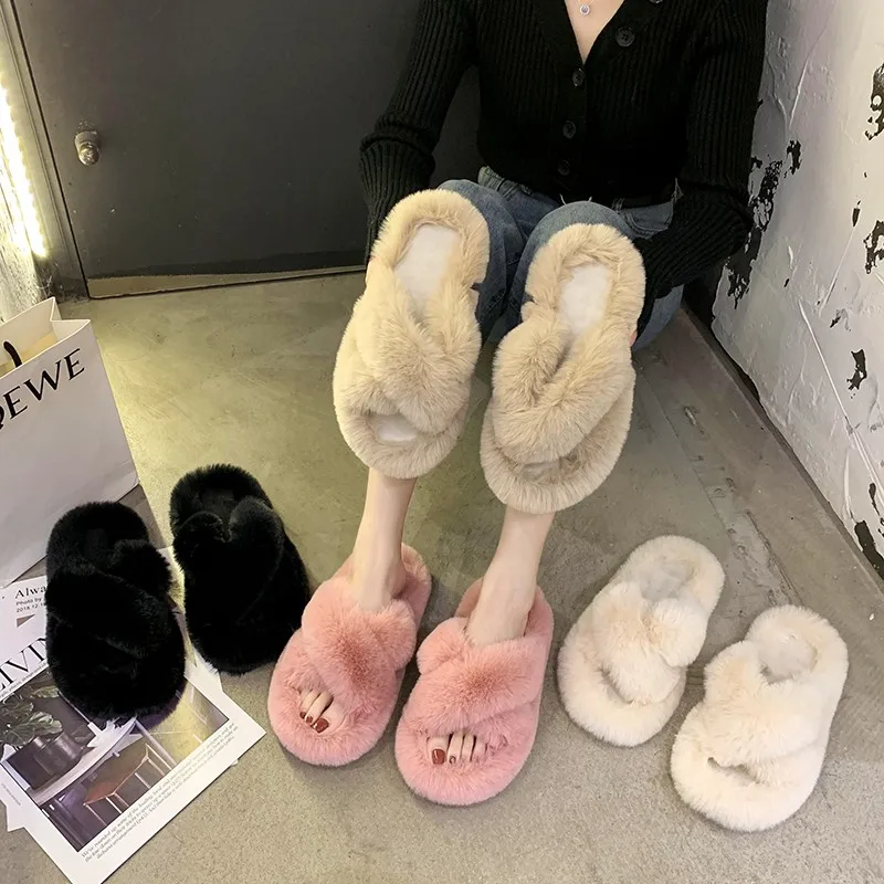 

Winter Women Cross House Furry Slippers Fashion Faux Fur Warm Shoes Women Slip on Flats Female Home Open Toe Pink Plush Slippers