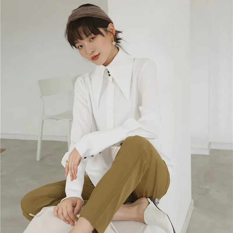 

LANMREM White Shirt Long Sleeve Large Size Single-breasted Woman Casual Simple Shirts 2021 Spring Summer New TD141