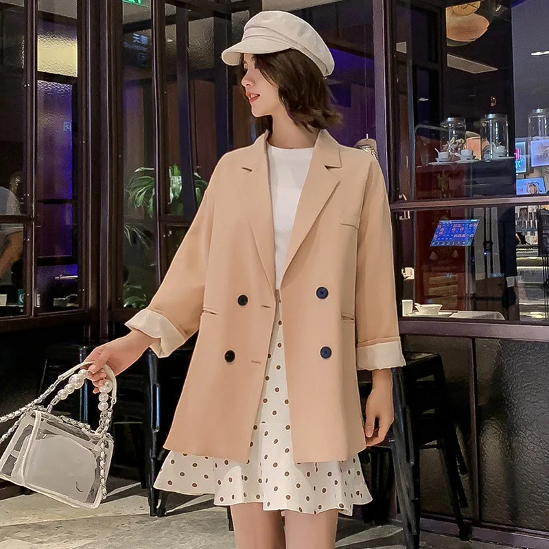 Fashion Double Breasted Solid Color Women Blazer Pockets Jackets Female Retro Suits Coat Feminino Blazers Outerwear Pink | Женская