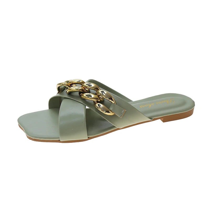 

Shoes Woman 2021 Slippers Flat Pantofle Square Toe Low Rivet Shale Female Beach New Rubber Soft Sabot PU Slides Rome Casual