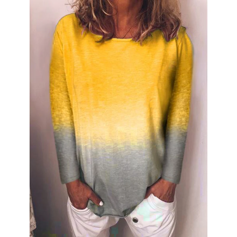 Новая женская футболка с длинным рукавом и круглым воротником градиентного