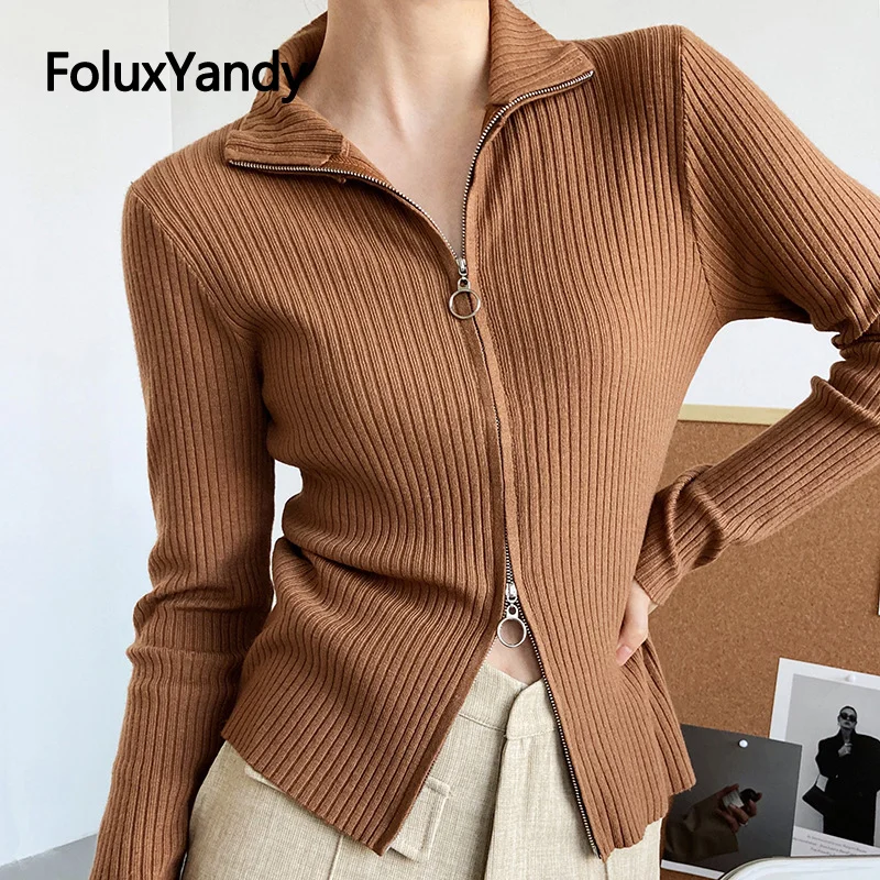 

New Autumn Cardigans Turtleneck Women Sweaters Zip-up Slim Short Style Long Sleeve Sweater 4 Colors LXNZ01