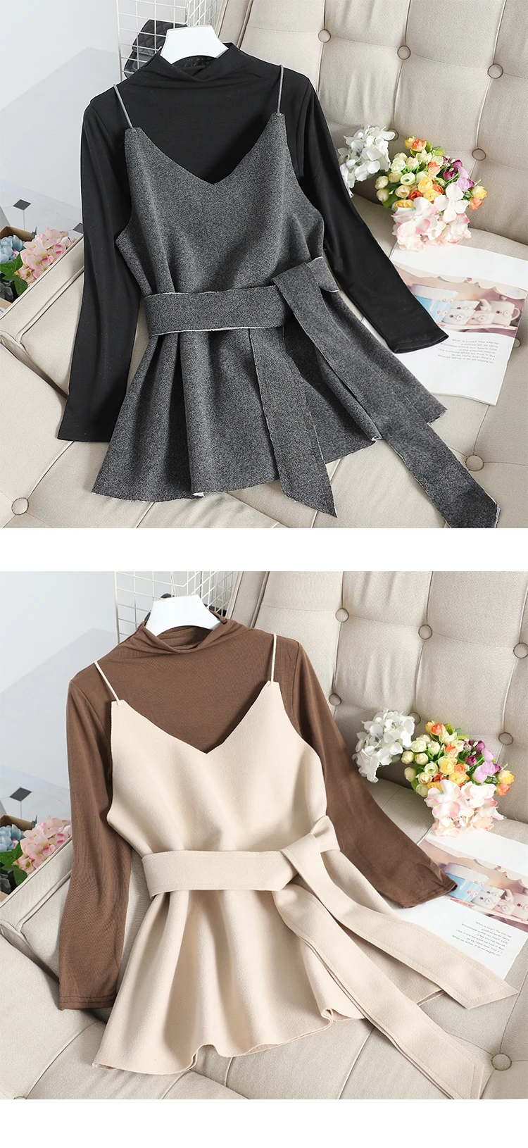 ALPHALMODA Новая тонкая футболка с полувысоким воротником+ жилет на бретельках для женщин, элегантный комплект из 2 предметов, Осенний повседневный комплект из 2 предметов, куртка с поясом