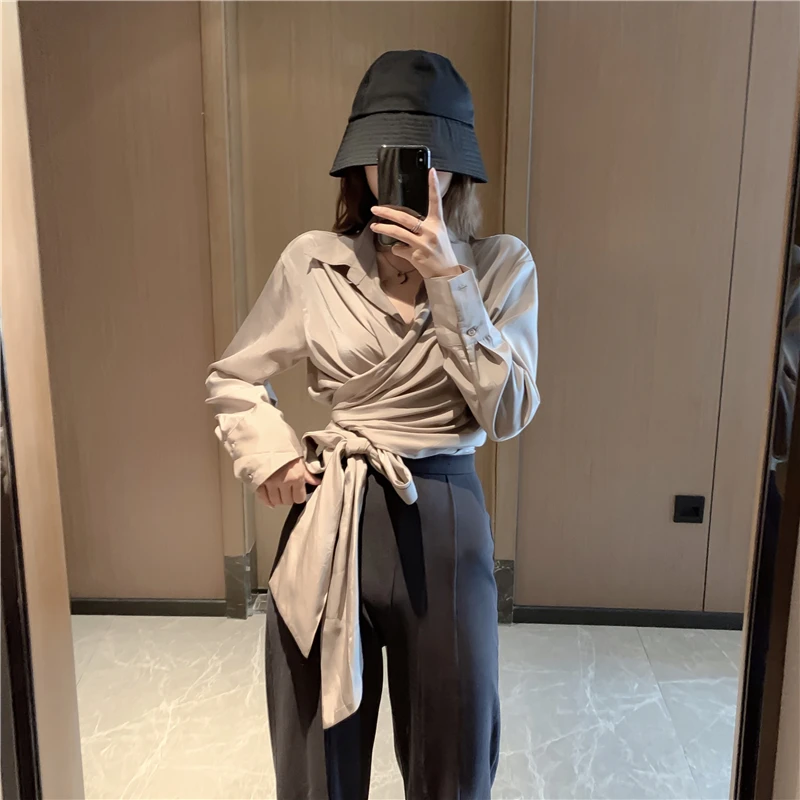 2019 осенние женские топы завязанный Галстук рубашка с длинными рукавами