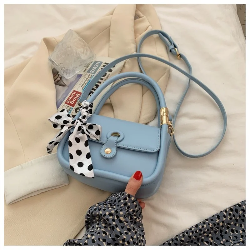 

Ribbon Solid Color Women's Shoulder Tote Designer Bag Hardware Hasp Inclined Crossbody PU Leather Ladies Blue Travel Small Bags