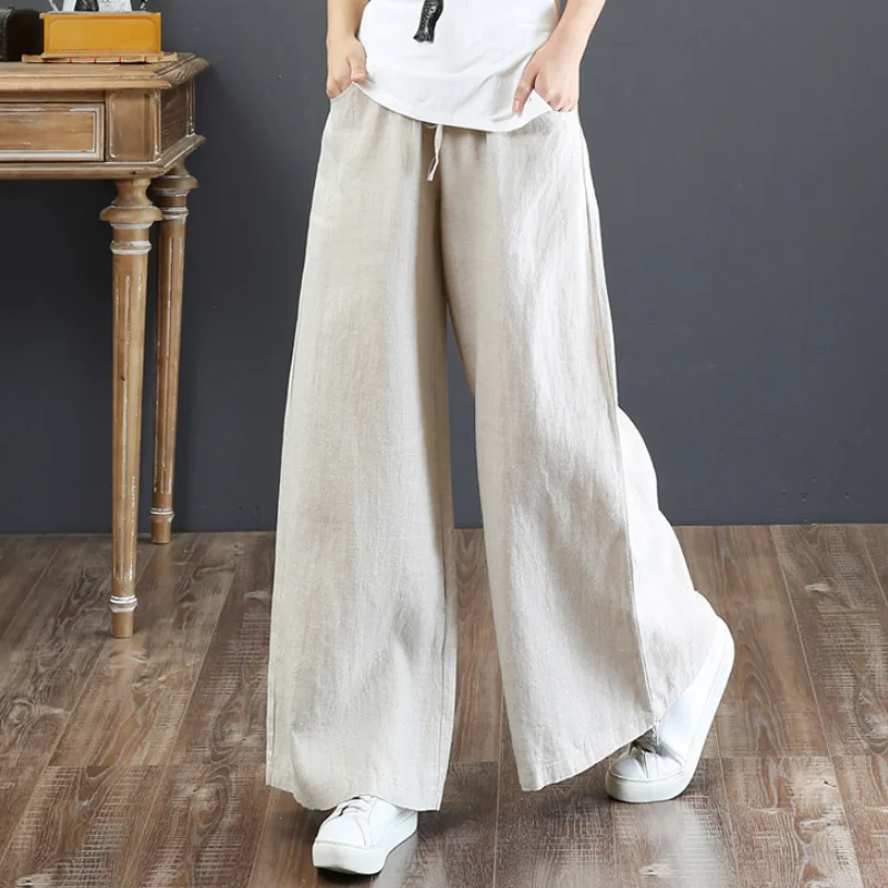 

2021 spring summer women's pants loose large size wide leg solid high waist straight trousers female linen pants elastic waist