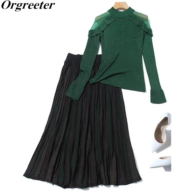 

Spring Fashion Ruffles Trim Shoulder Mesh Splicing Sweater + Two-piece Shinny Striped Pleated Skirt Set OL Casual Knitted Outfit