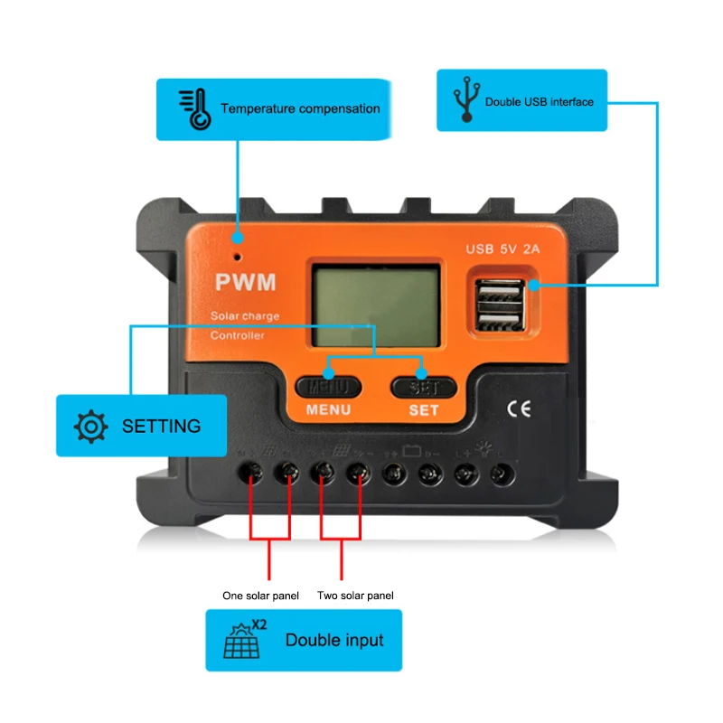 Умный регулятор заряда солнечной батареи с двумя входами панели два USB порта 30 А 40
