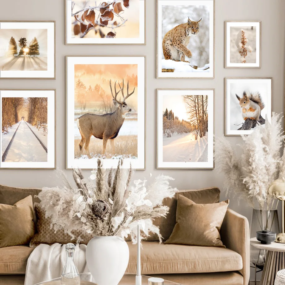 

Winter Snow Scene Forest Dandelion Canyon River Deer Style Wall Art Canvas Painting NordicPosters And Prints Living Room Decor