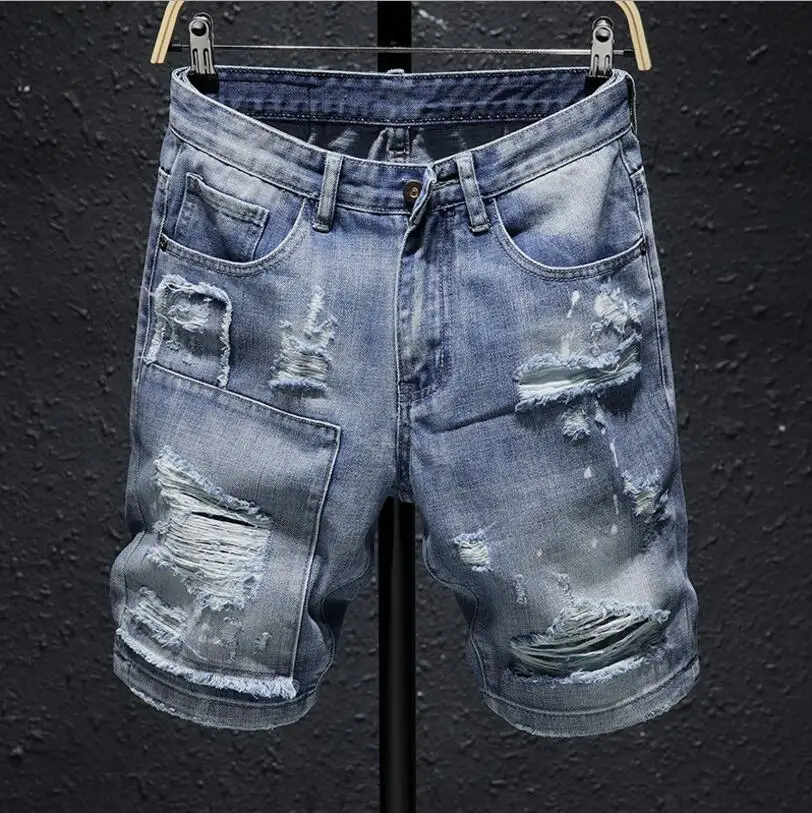 

2021Blue Denim Shorts Summer Holes Short Jeans High Quality Men Cotton Slim Jean Shorts Moto Biker Style Denim Jeans