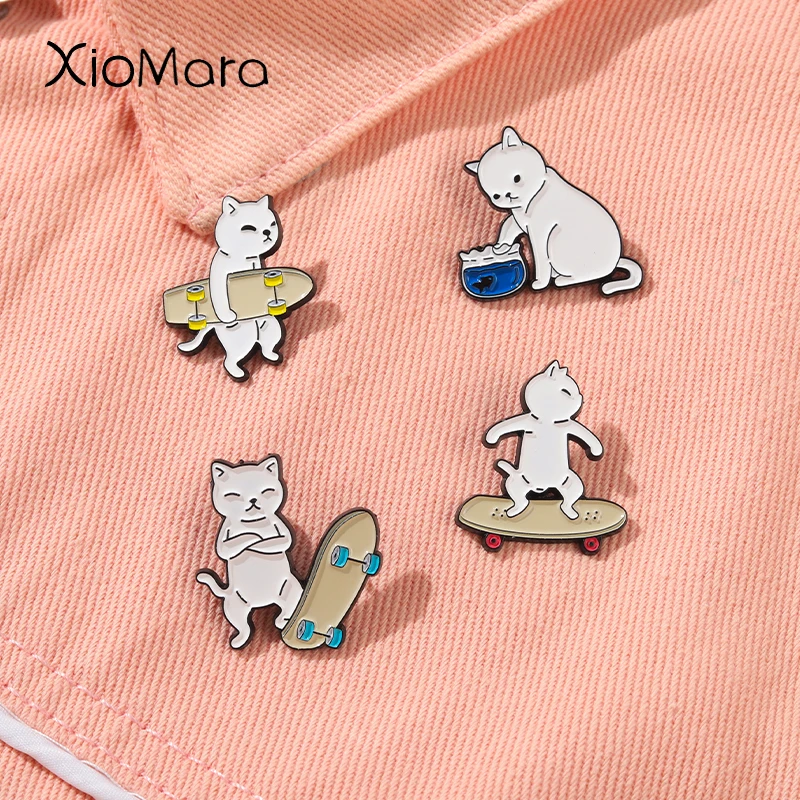 

Cartoon Black White Cat Enamel Pins Badges With Animals Playing Skateboard Funny Pins For Backpacks Bag Jewelry Brooch For Kids