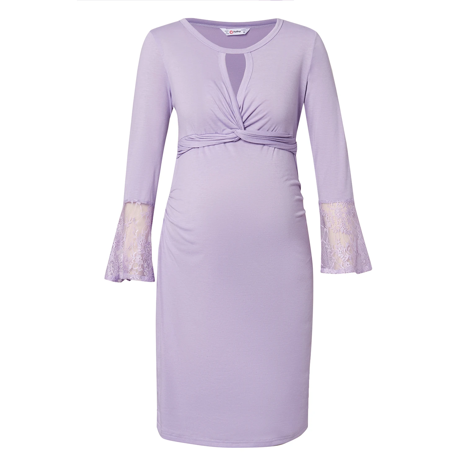 

PatPat 2021 New Arrival Maternity Round collar Plain Light Purple Knee length Long-sleeve Nursing Dress for Woman Dress