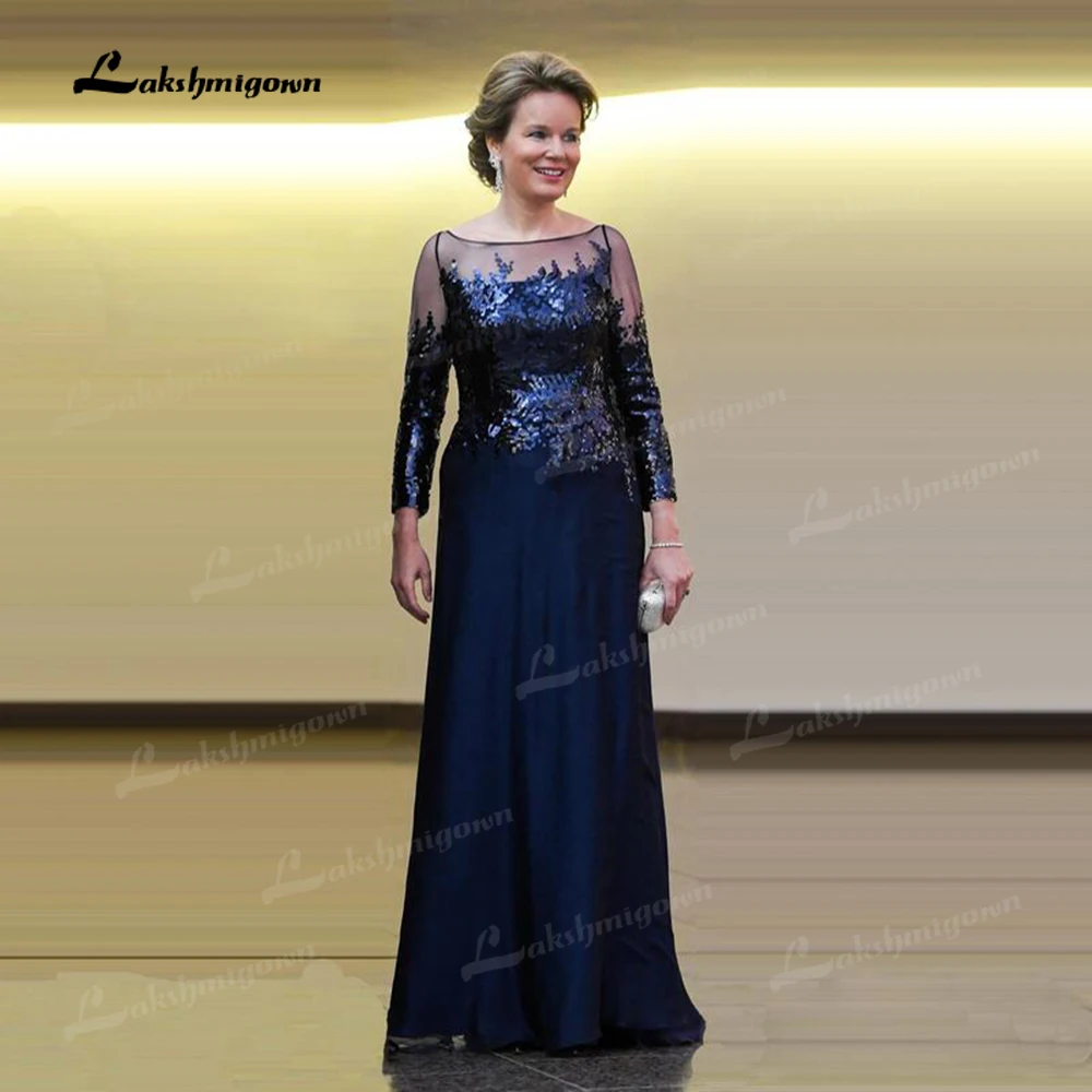 

Elegant Navy Blue Long Sleeves Mother of the Bride Dresses Illusion Bateau Neckline Squined Bodice Wedding Party Dresses