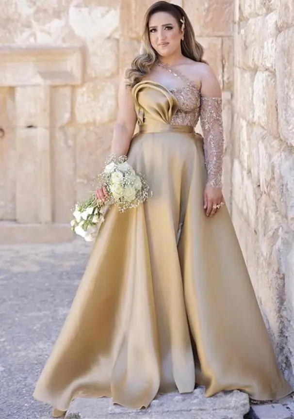 

Платье для выпускного вечера цвета шампанского с длинным рукавом, с кружевом и бисером Aso Ebi, африканские арабские размера плюс вечерние пла...