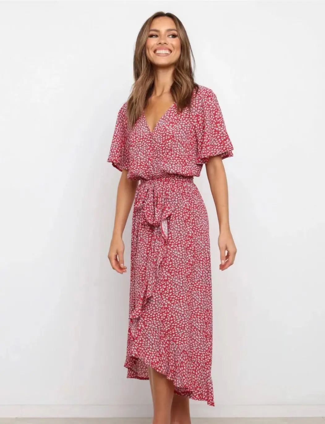 

Summer women's clothing new V-neck print lace dress mid-length