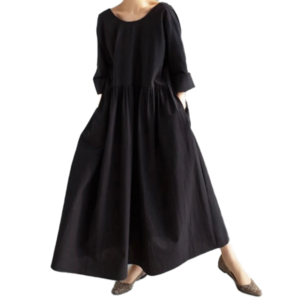 

Korean Women Loose Dress Black Beige Spring 2021 New Fashion High Waist Pockets Casual Female Long Dresses Femme Vestidos