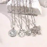 retro crystal butterfly portrait coin pendant necklace for women silver color multilayer twisted chain necklace geometry jewelry