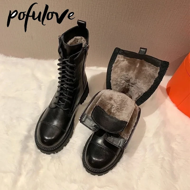 

Pofulove Women Boots Winter Shoes Fur Boots Black Ankle Booties Platform Chunky Leather Botas Plus Warm Flat Fashion Designer