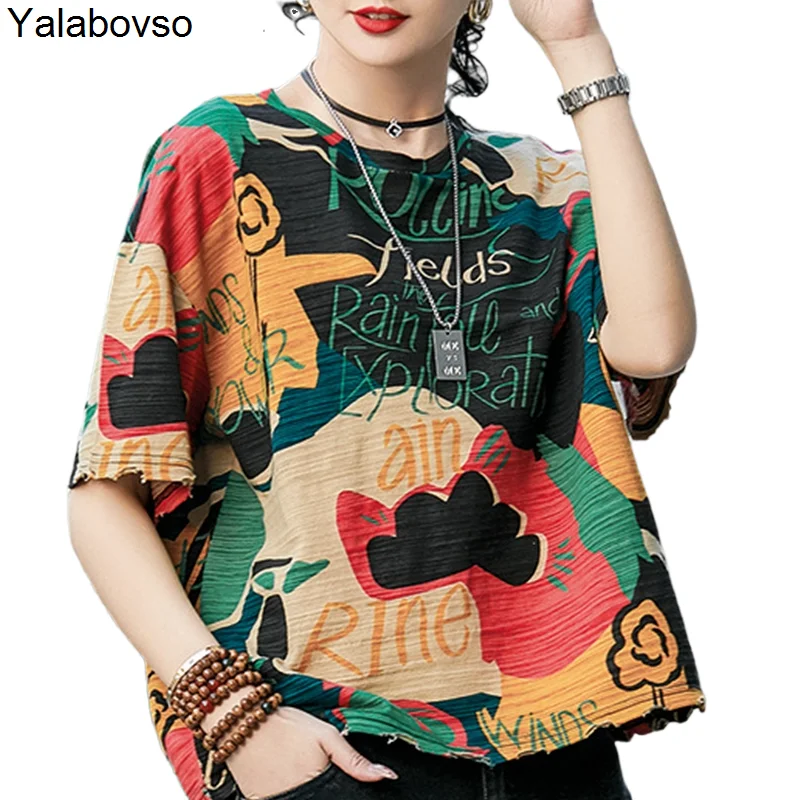 

Short Sleeve T-shirt Fashion Women Wear Western Style Loose Size Middle-aged 100kg Lady Tshirts Colorful Printing Tees And Tops