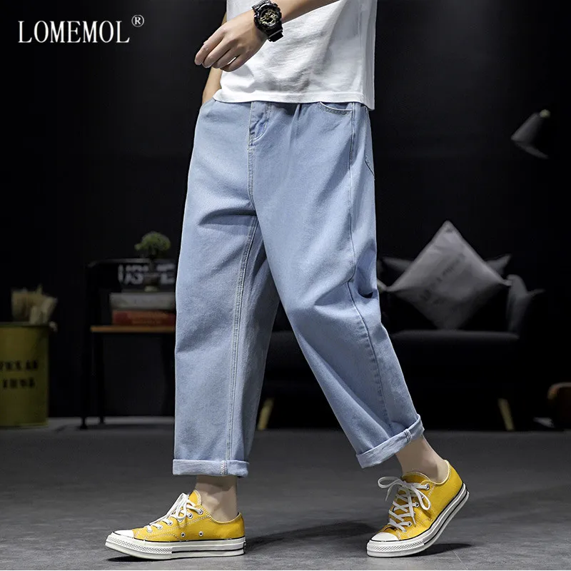 LOMEMOL Men Hip Hop Loose Jeans 2021 Autumn New Streetwear Straight Baggy Wide Leg Pants Male Brand Pants Light Blue