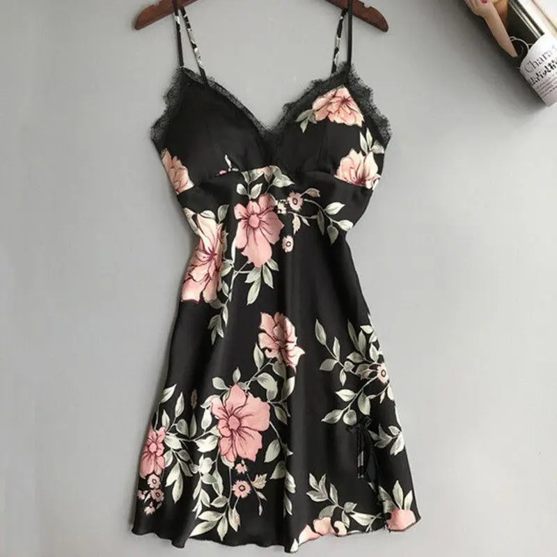 

Женский летний имитационный шелк ночная рубашка сексуальное женское белье в винтажном стиле; С v-образным вырезом с цветочным принтом и кру...