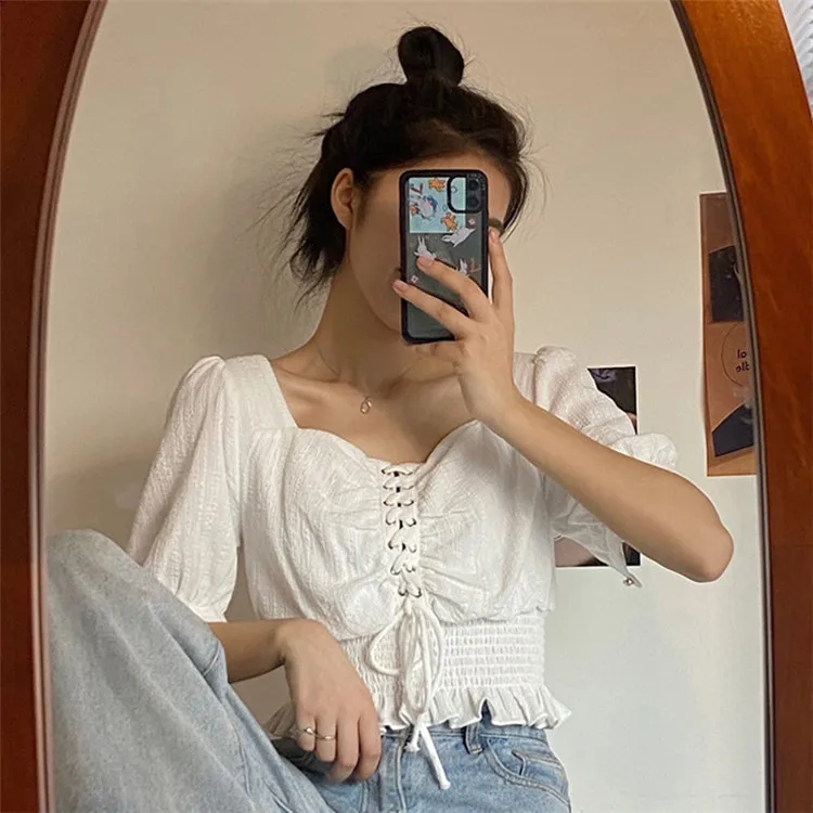 

Fashion Puff Sleeve White Square Neck Short Sleeve T-shirt women