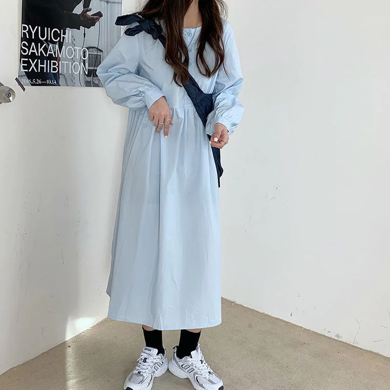 

Long Sleeve Dress Women Vintage Summer Autumn Lovely Solid Empire Fresh College Simple Korean Leisure Loose Fashion Ins Vestidos