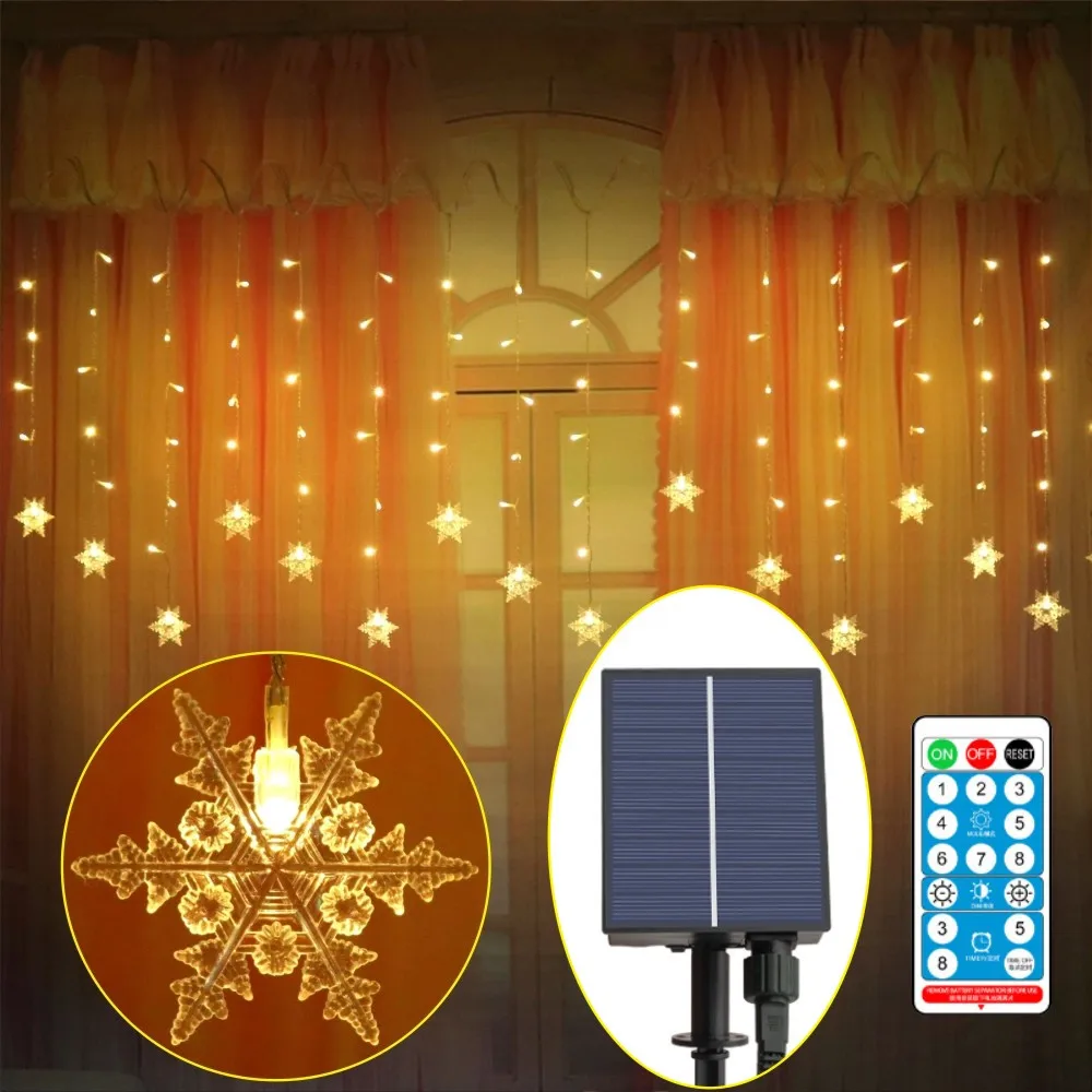 Solar Powered Led Icicle String Light Roof Holiday Decoration Dimmable Waterproof Remote Controller 8 Modes Garden Yard
