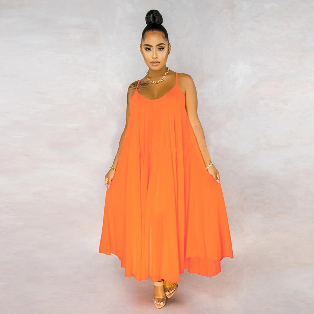 

Orange Sky Blue Spaghetti Strap Big Swing Dress Women Low Neck Sleeveless Pleated Maxi Dress Summer Female Backless Beach Dress