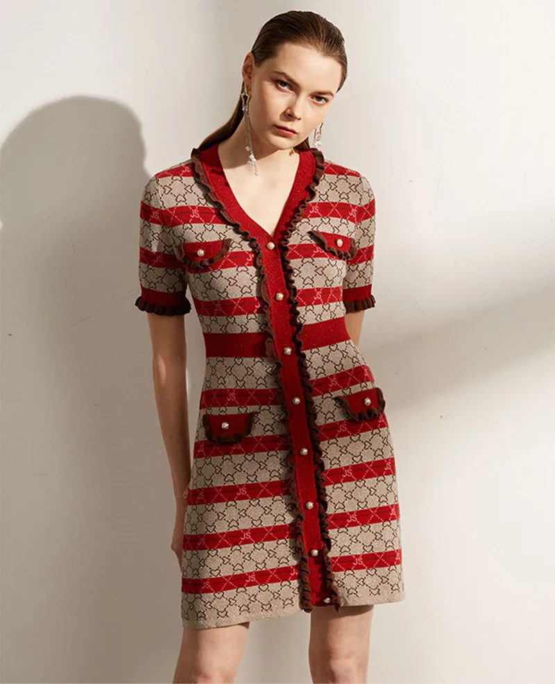 

Повседневное летнее платье-свитер, 2020, женское трикотажное мини-платье трапециевидной формы с V-образным вырезом, коротким рукавом, оборкам...