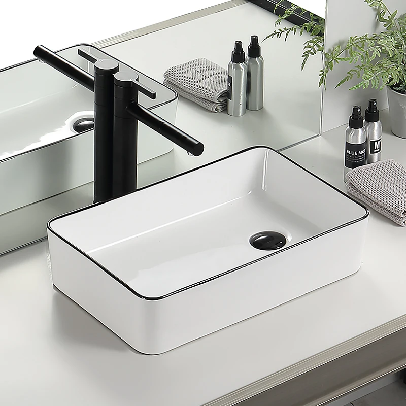 

Balcony Ceramic Hand Sinks Household Wash Basin Rectangular Black Wash Hand Basins Countertop Bathroom Sink Shampoo Sinks