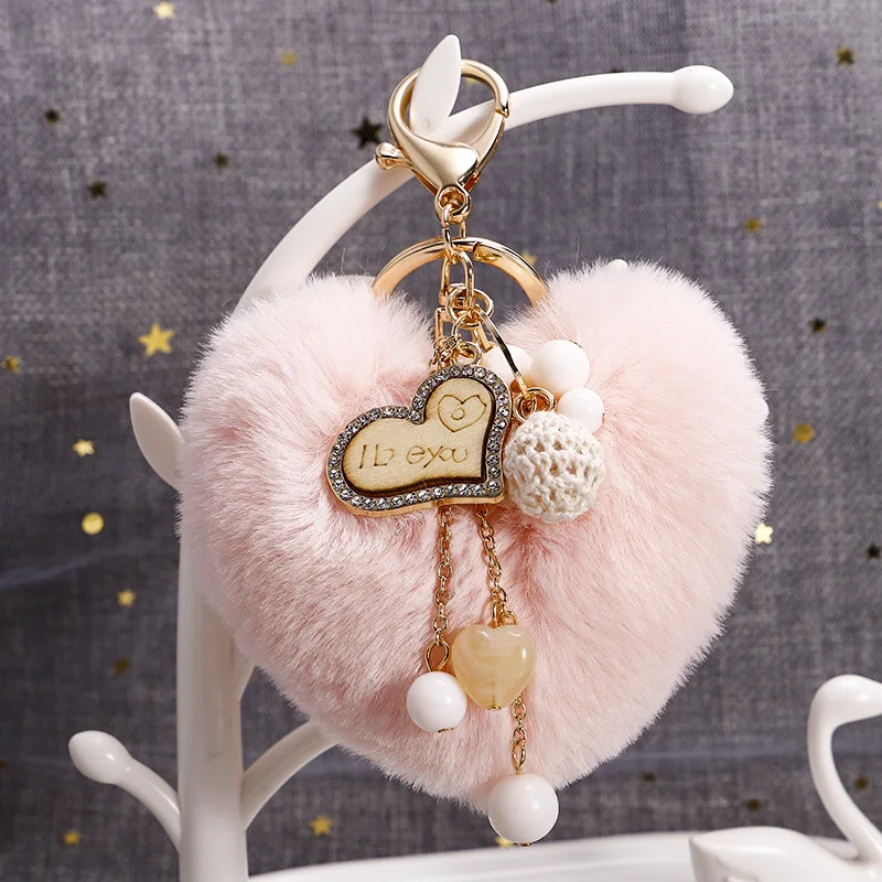 Cute Heart Pompom Keychain Charms Pearl Tassel Fluffy Flush Faux Rabbit Fur Key Chains for Women Girl Heart Bag Charms Pendant