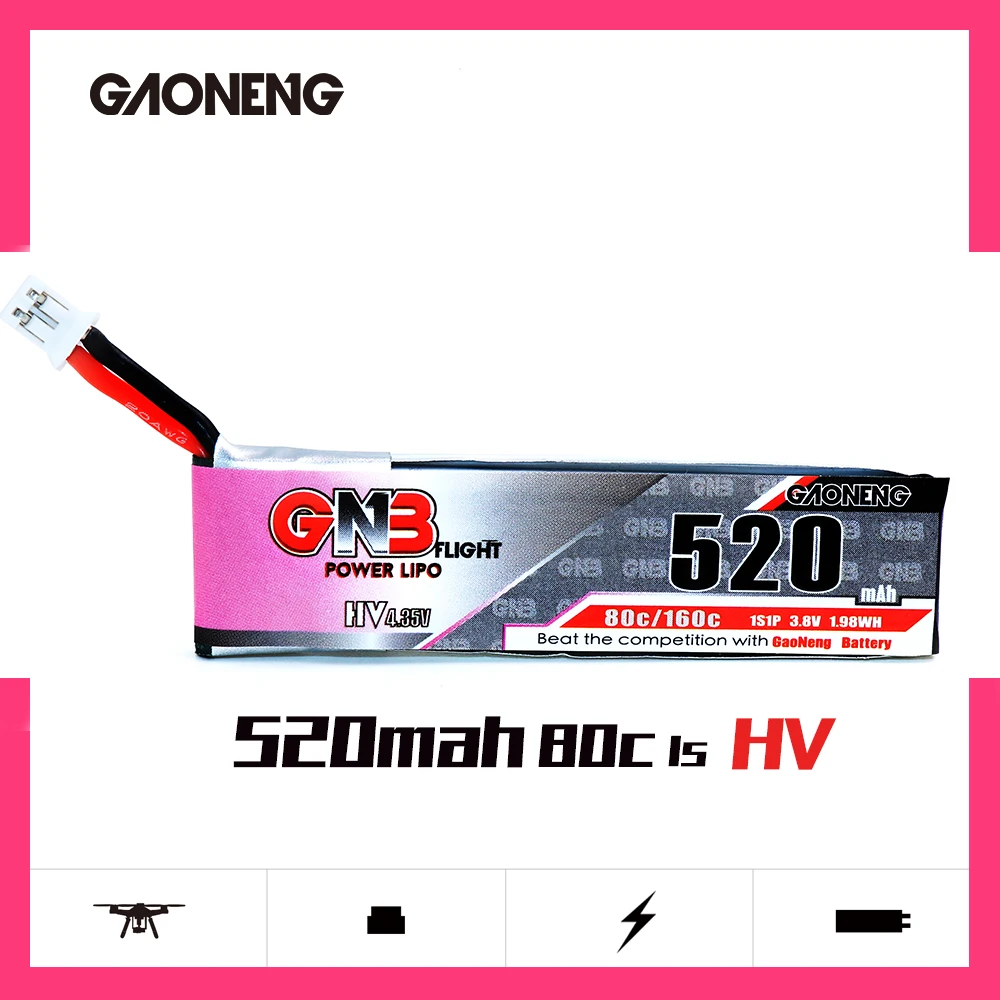 

Gaoneng GNB 1S 520mAh 3.8V 80C/160C HV 4.35V Lipo Battery With PH2.0 Plug For Emax Tinyhawk Kingkong LDARC TINY7 RC Parts