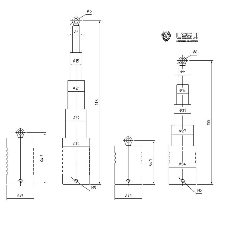Цилиндр Гидравлический металлический 55-155 мм LESU для радиоуправляемой модели 1/14